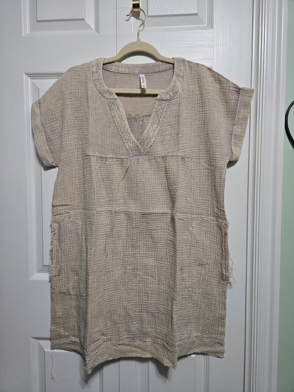 Zenana Outfitters Light Taupe Cotton Gauze V-Neck Dress